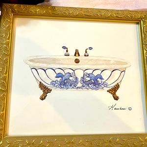 Two Consuelo Gambia framed vintage Victorian bathtub 20th century prints.
